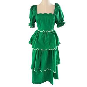 English Factory XS Kelly Green Scalloped Tiered Puff Sleeve Dress Cottagecore